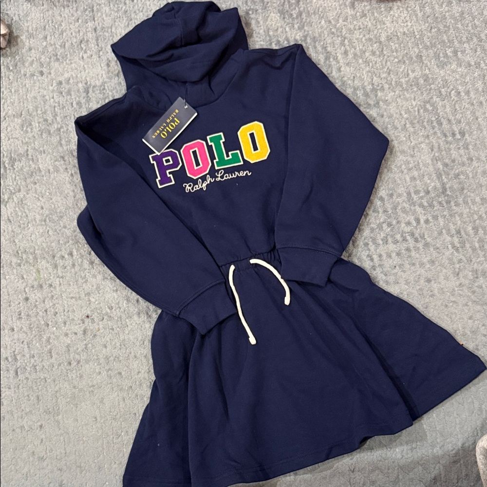 Polo by Ralph Lauren Navy Hooded Sweatshirt Dress with Multicolor POLO Logo 6X